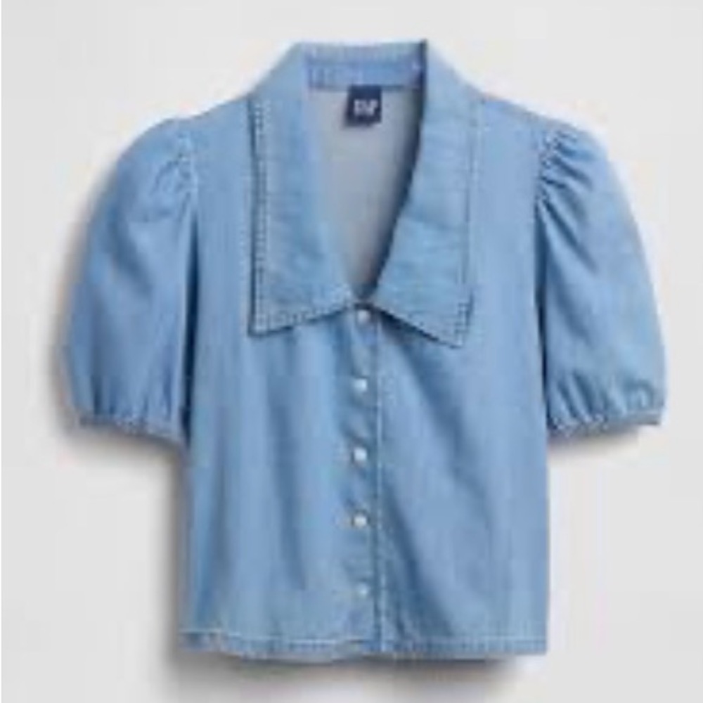 GAP Light Blue Denim Puff Sleeve Button‑Front Shirt
